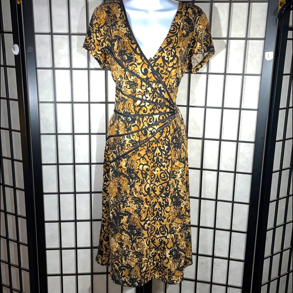 connected apparel Gold and Black Floral Wrap Midi Dress